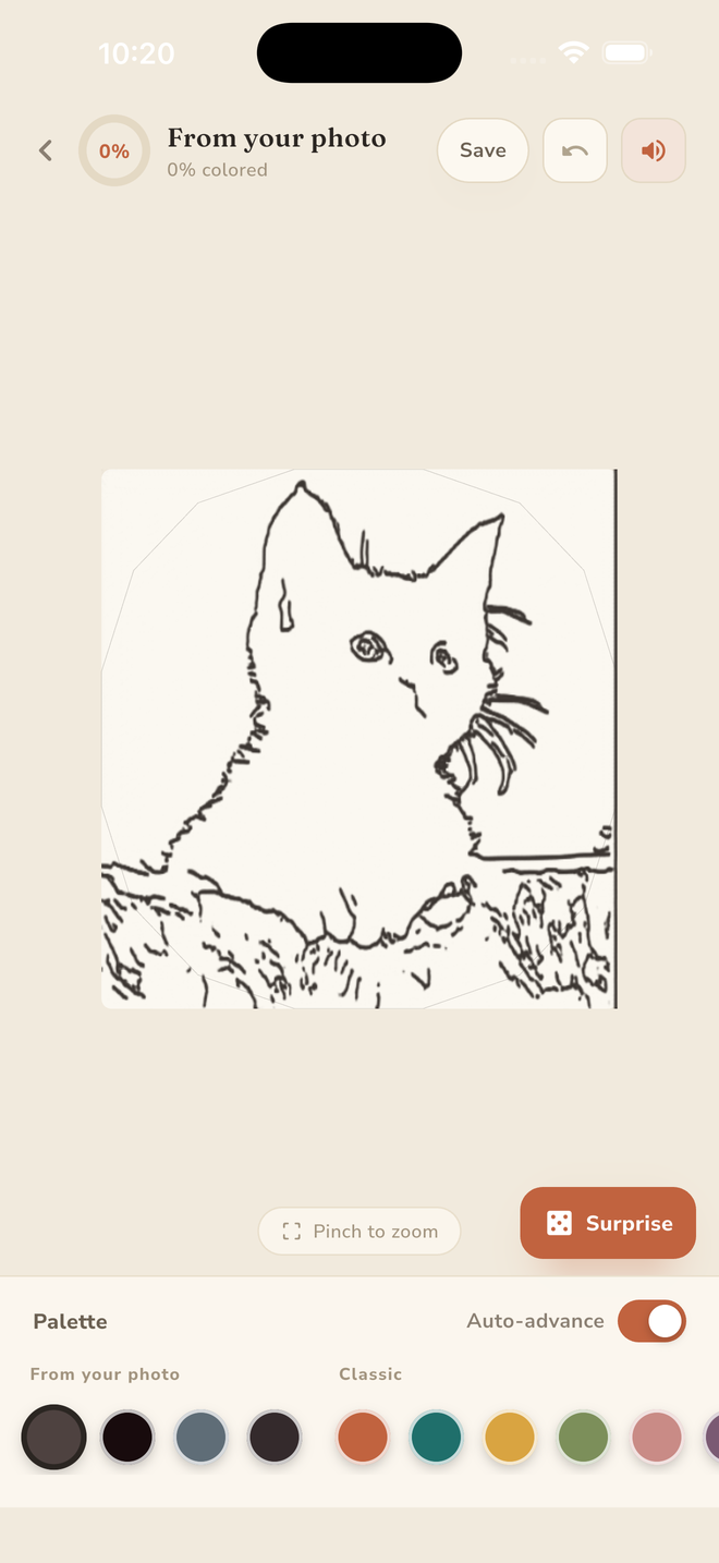 Papira coloring canvas showing the line art with a palette taken from the original photo.