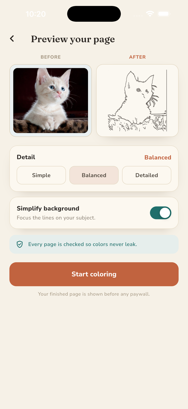 Papira preview screen: a photo of a cat on the left, the traced line-art coloring page on the right.