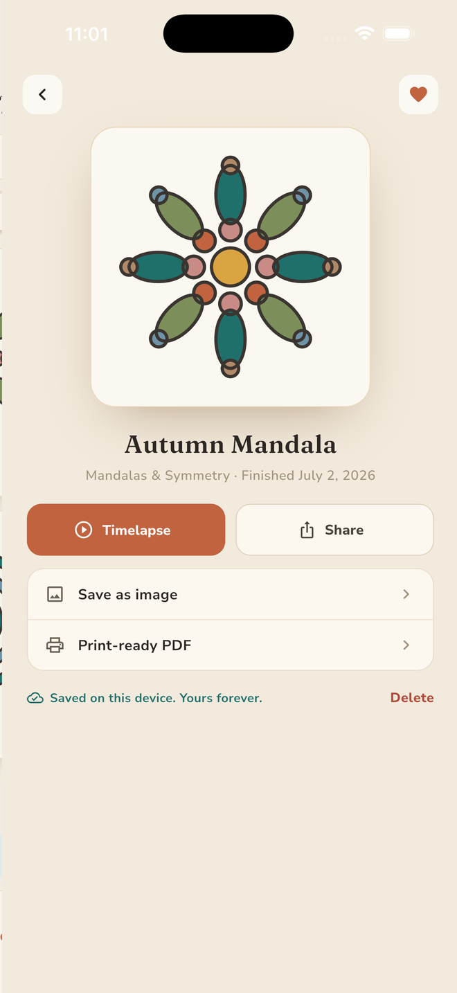 A finished Papira artwork with timelapse, share and print-ready PDF options.